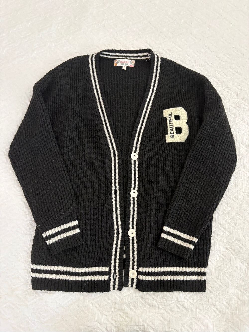 Black Knit Button-Front Cardigan with White Trim